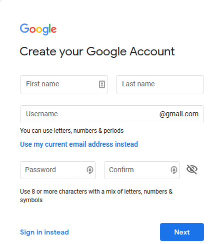 Google account creation page, showing the password field with a visibility icon outside the input field.