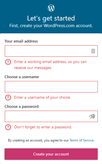 Wordpress account creation page showing three fields: email address, username and password.