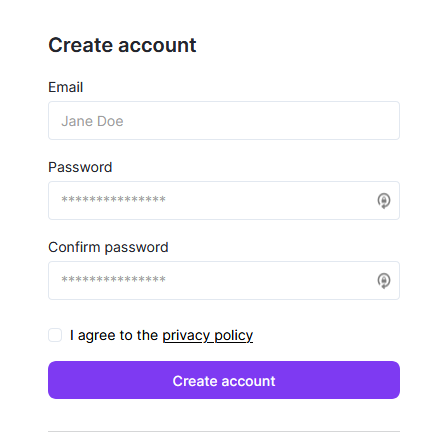 A create account form with three fields: email, password and confirm password